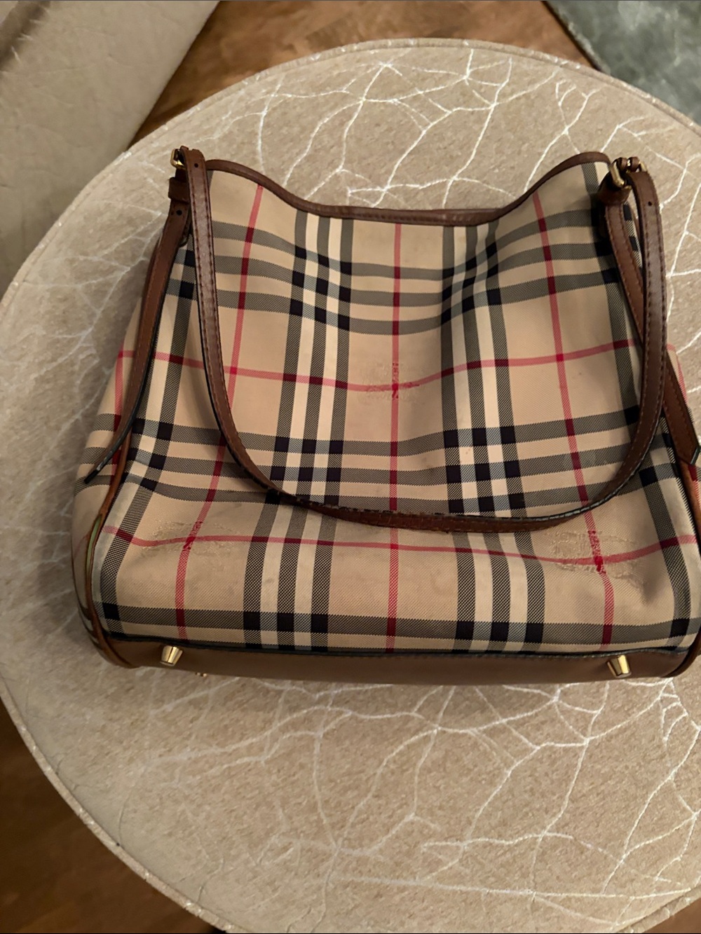 Burberry Beige Plaid Shoulder Bag with Brown Leather Trim